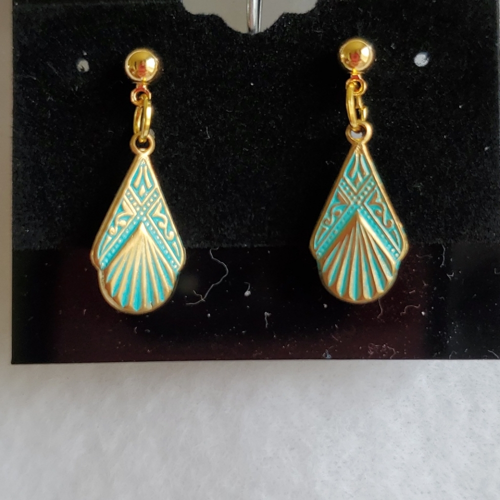 Womens gold & turquoise fan shaped post earrings - Picture 2 of 3